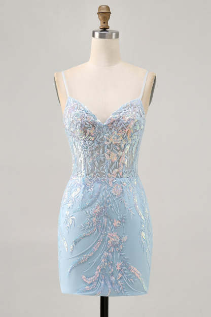 Leely Women Sparkly Light Blue Tight Short Sequined Corset Homecoming Dress Embroidered Spaghetti Straps Cocktail Dress