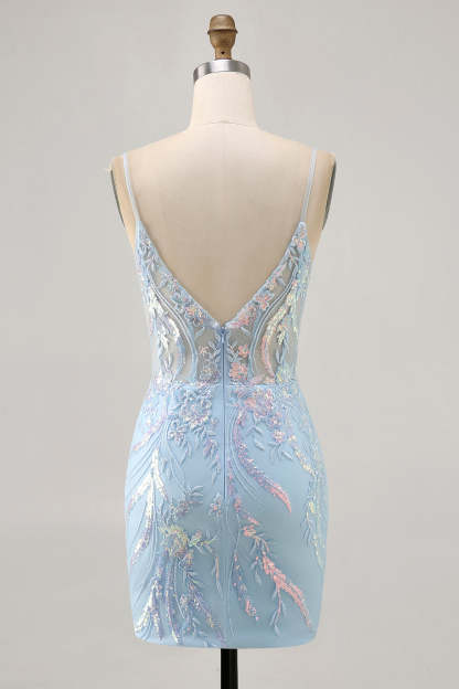 Sparkly Light Blue Tight Short Corset Sequined Homecoming Dress with Embroidery