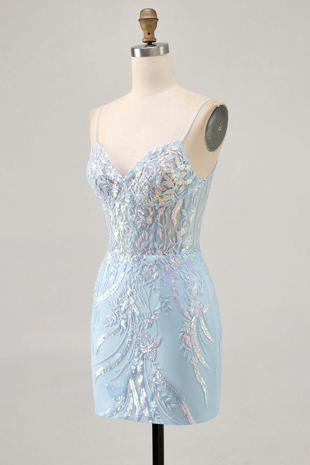 Sparkly Light Blue Tight Short Corset Sequined Homecoming Dress with Embroidery