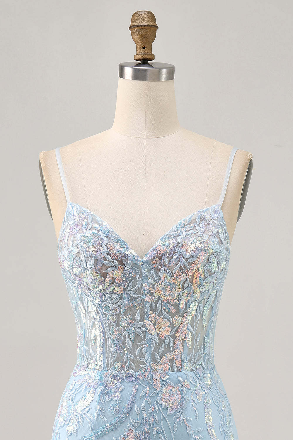 Sparkly Light Blue Tight Short Corset Sequined Homecoming Dress with Embroidery