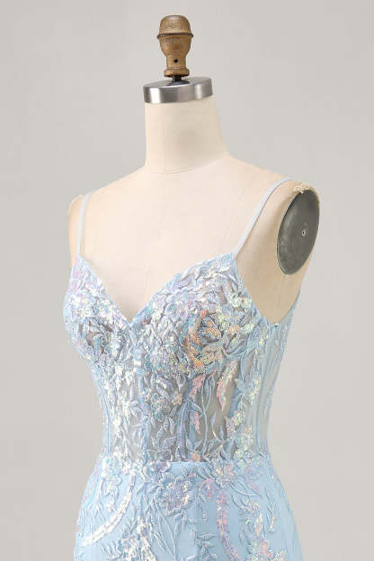 Sparkly Light Blue Tight Short Corset Sequined Homecoming Dress with Embroidery