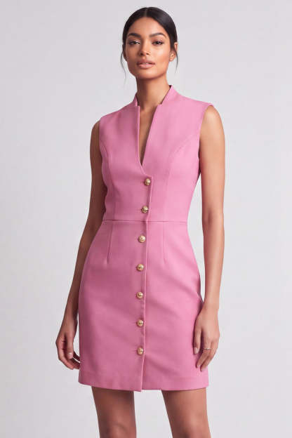 Pink Bodycon V Neck Short Work Dress with Buttons