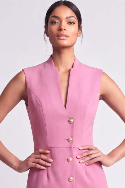 Pink Bodycon V Neck Short Work Dress with Buttons