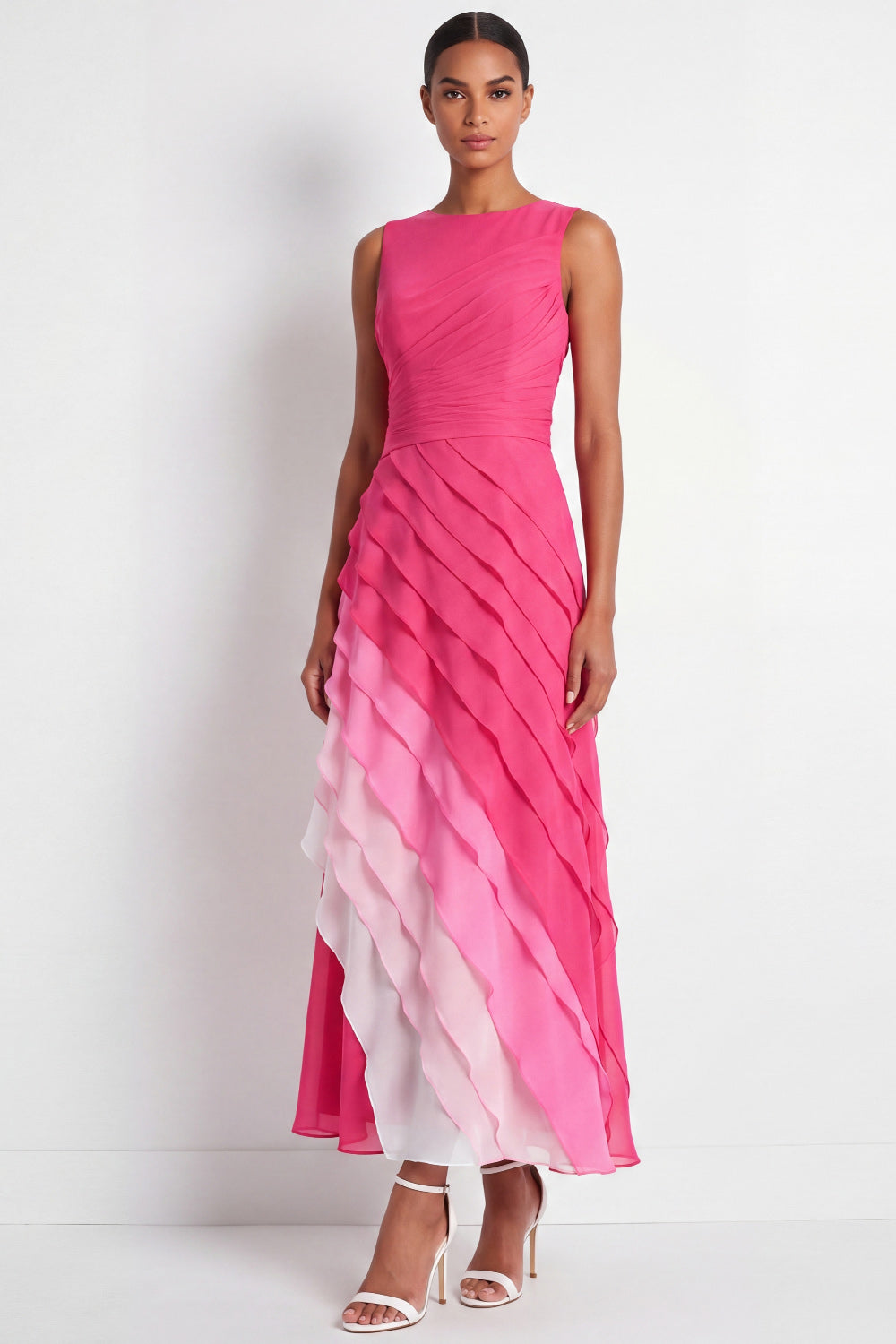 Leely Women Fuchsia Tiered Ruffled A Line Long Formal Dress Round Neck Sleeveless Wedding Guest Dress