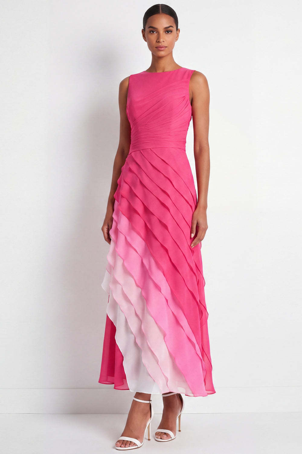 Leely Women Fuchsia Tiered Ruffled A Line Long Formal Dress Round Neck Sleeveless Wedding Guest Dress