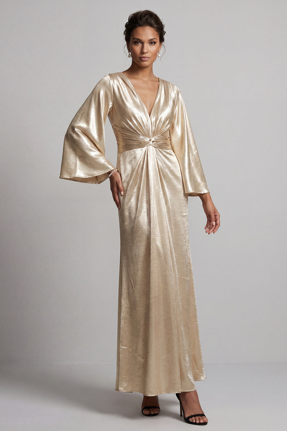 Leely Women Champagne Satin A Line V Neck Long Mother of the Bride Dress Long Sleeves Ruched Wedding Guest Dress