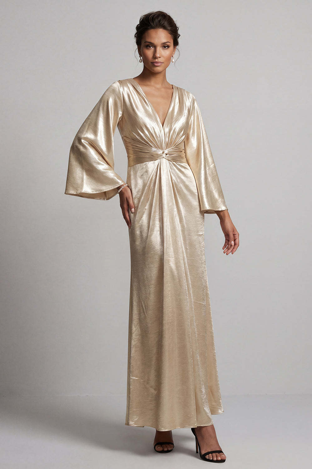 Leely Women Champagne Satin A Line V Neck Long Mother of the Bride Dress Long Sleeves Ruched Wedding Guest Dress