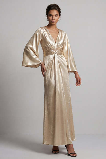 Leely Women Champagne Satin A Line V Neck Long Mother of the Bride Dress Long Sleeves Ruched Wedding Guest Dress