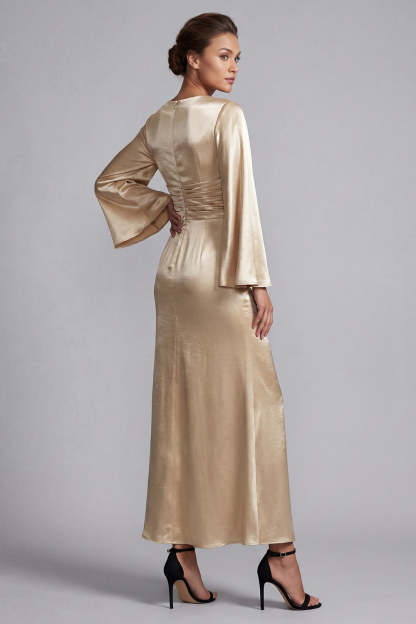 Champagne Satin A Line V Neck Long Mother of the Bride Dress