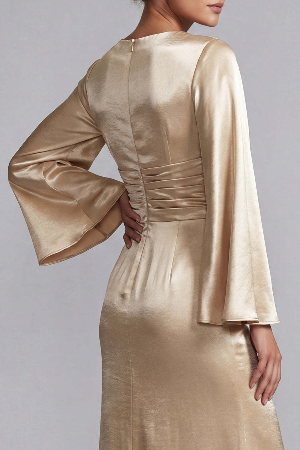Champagne Satin A Line V Neck Long Mother of the Bride Dress