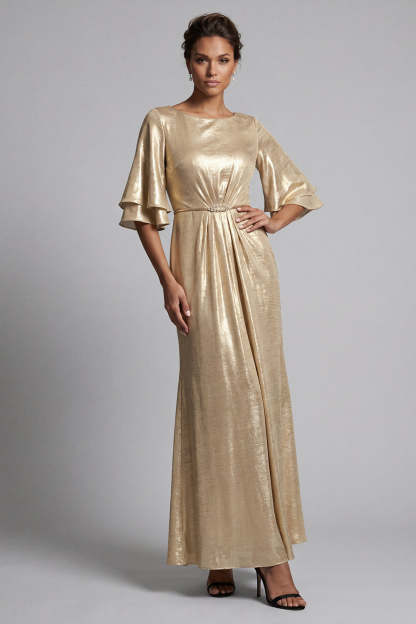 Leely Women Champagne Mermaid Flutter Sleeves Long Mother of the Bride Dress Round Neck Ruched Wedding Guest Dress