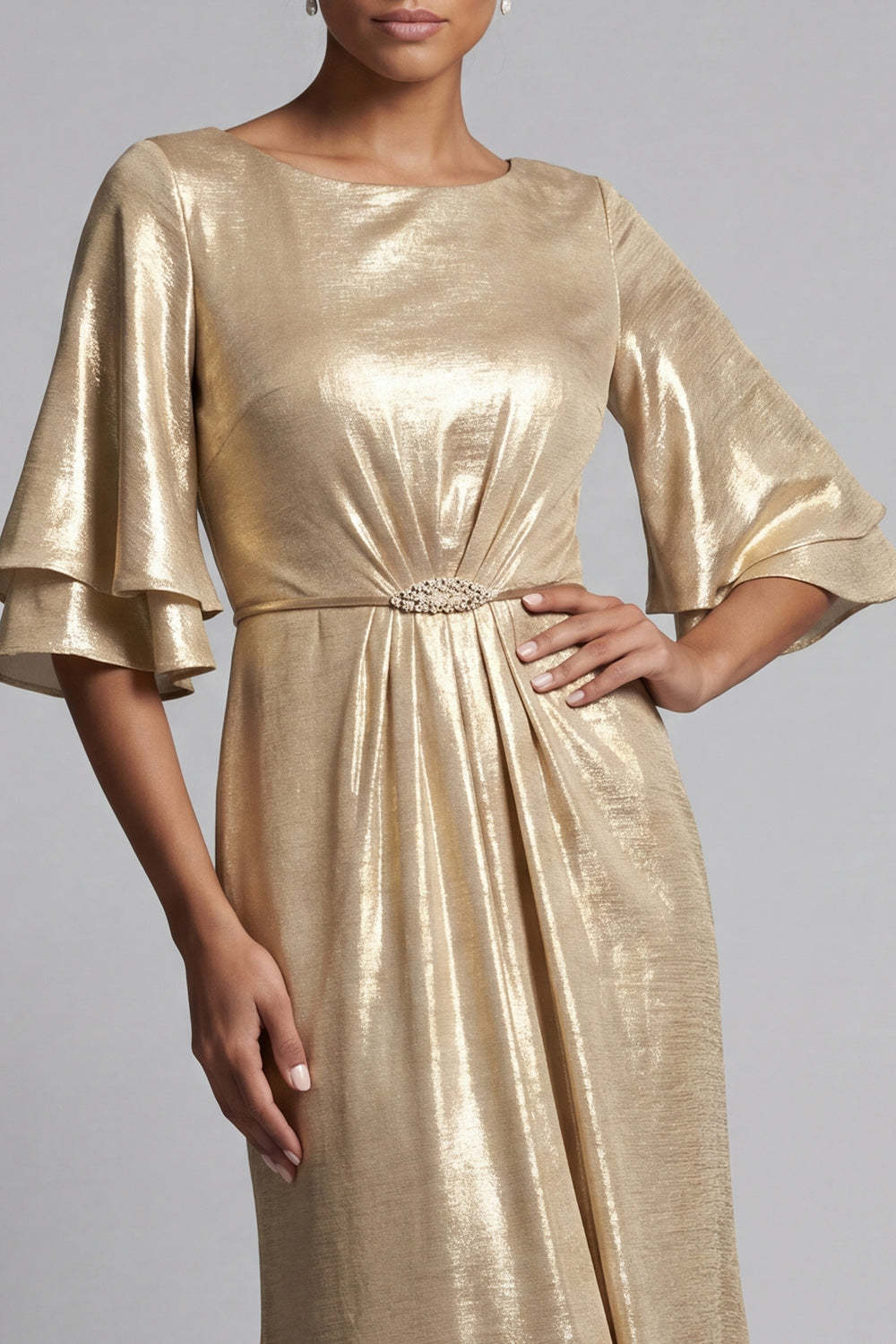 Champagne Mermaid Flutter Sleeves Long Mother of the Bride Dress