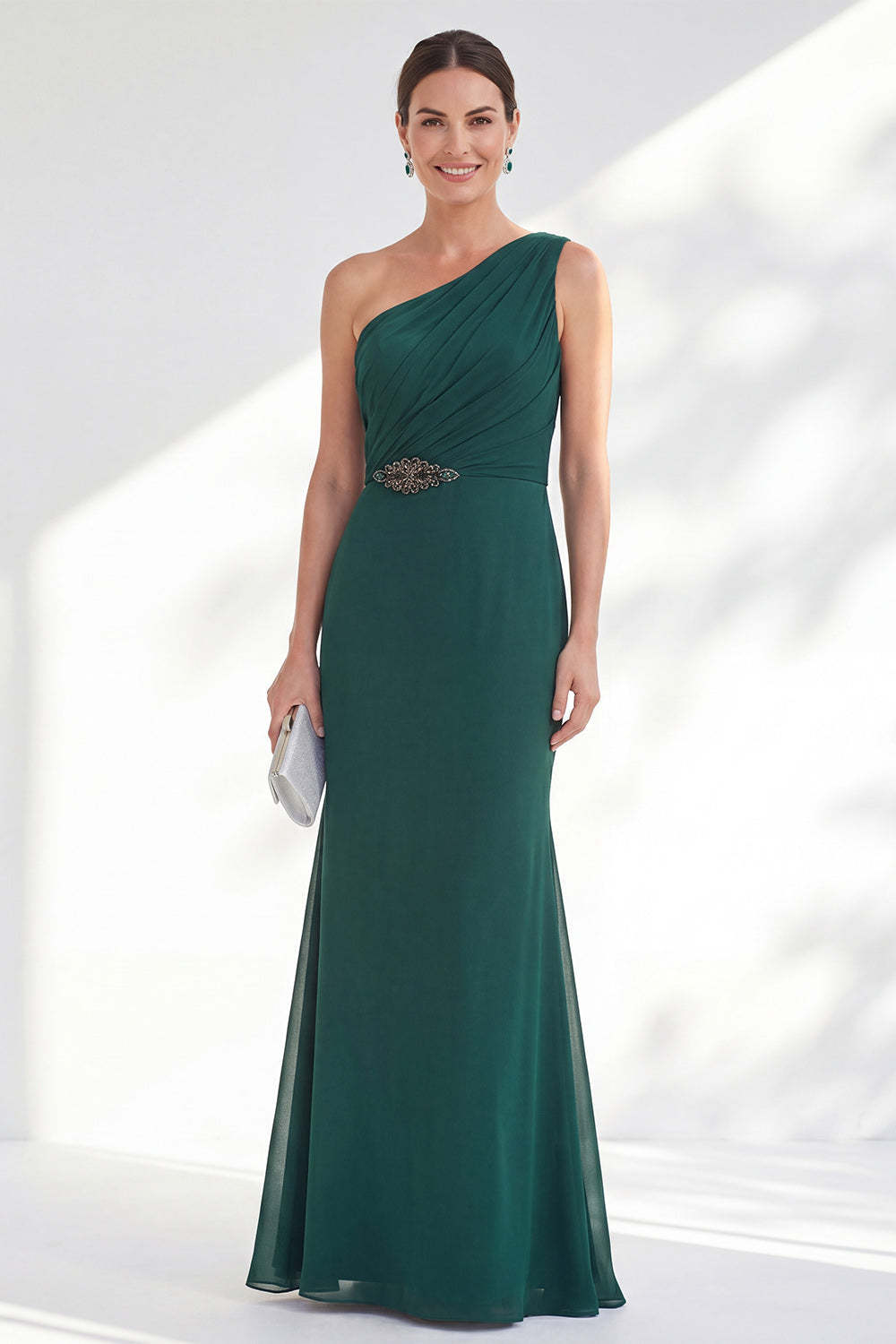 Leely Women Ruched Green Mermaid Long Wedding Guest Dress Backless One Shoulder Sleeveless Formal Dress