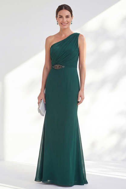 Leely Women Ruched Green Mermaid Long Wedding Guest Dress Backless One Shoulder Sleeveless Formal Dress