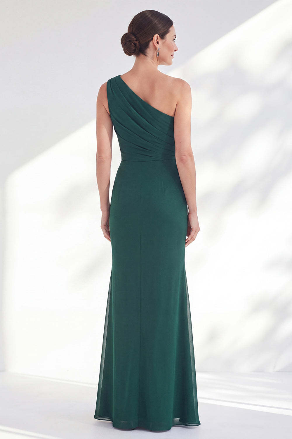 One Shoulder Ruched Green Mermaid Long Wedding Guest Dress