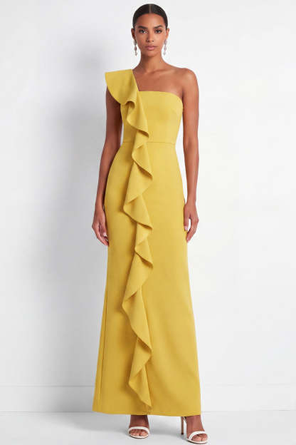 Leely Women One Shoulder Yellow Ruffled Long Formal Dress Backless Sleeveless Wedding Guest Dress