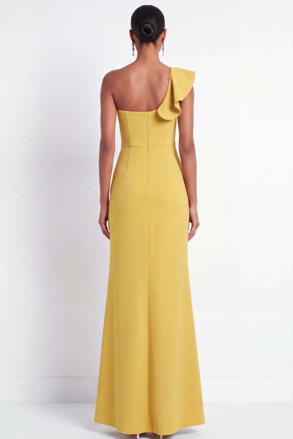 One Shoulder Yellow Ruffled Long Formal Dress