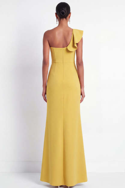 One Shoulder Yellow Ruffled Long Formal Dress