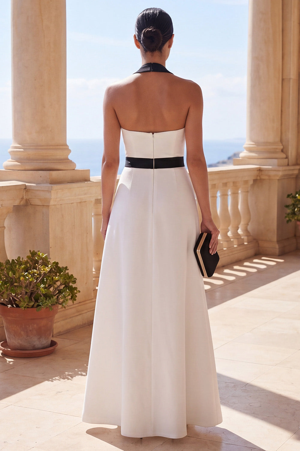 Black White A Line Halter Neck Long Formal Dress