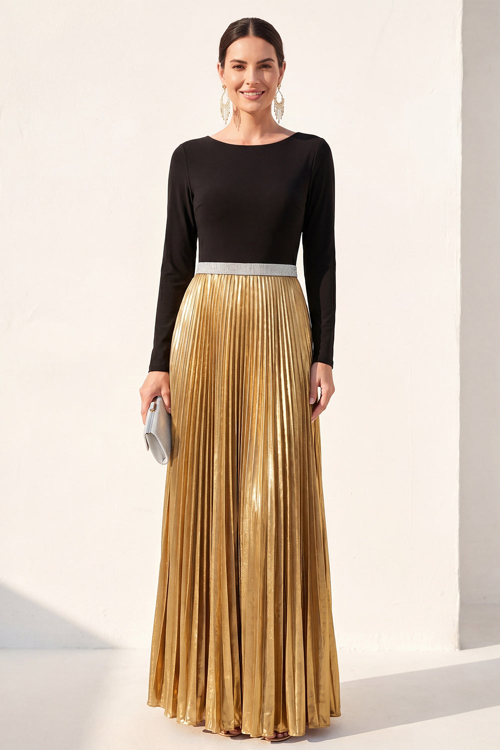 Black Golden Pleated A Line Long Formal Dress