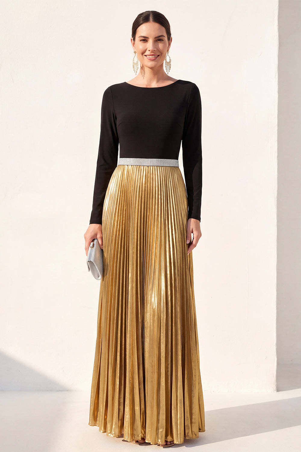 Leely Women Black Golden Pleated A Line Long Formal Dress Long Sleeves Round Neck Wedding Guest Dress