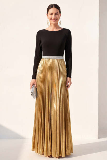 Leely Women Black Golden Pleated A Line Long Formal Dress Long Sleeves Round Neck Wedding Guest Dress