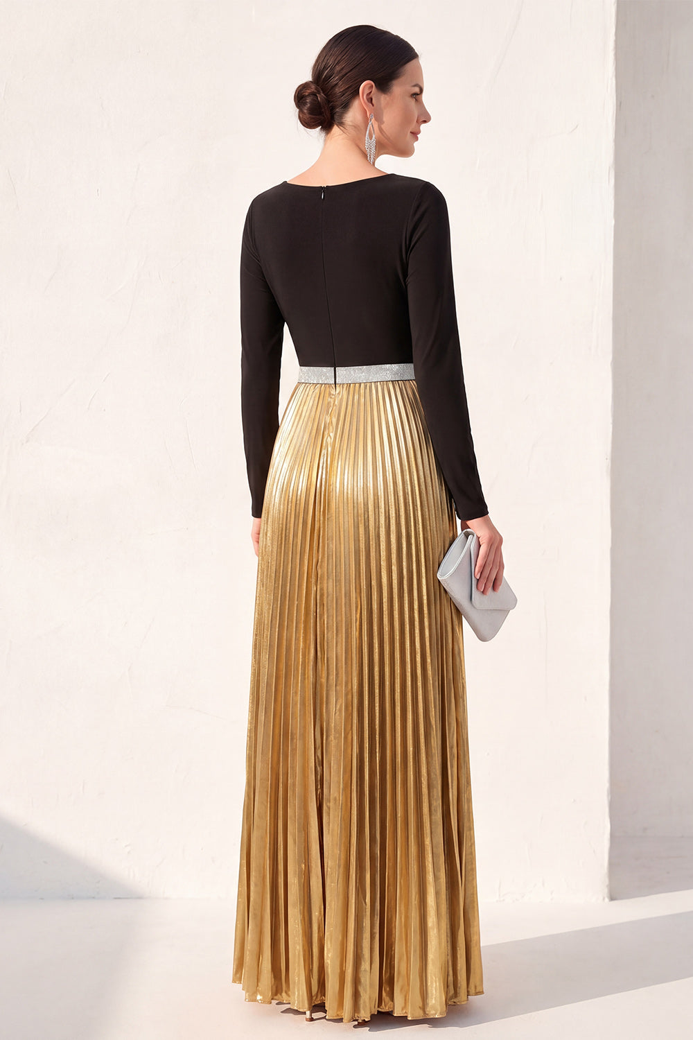 Black Golden Pleated A Line Long Formal Dress