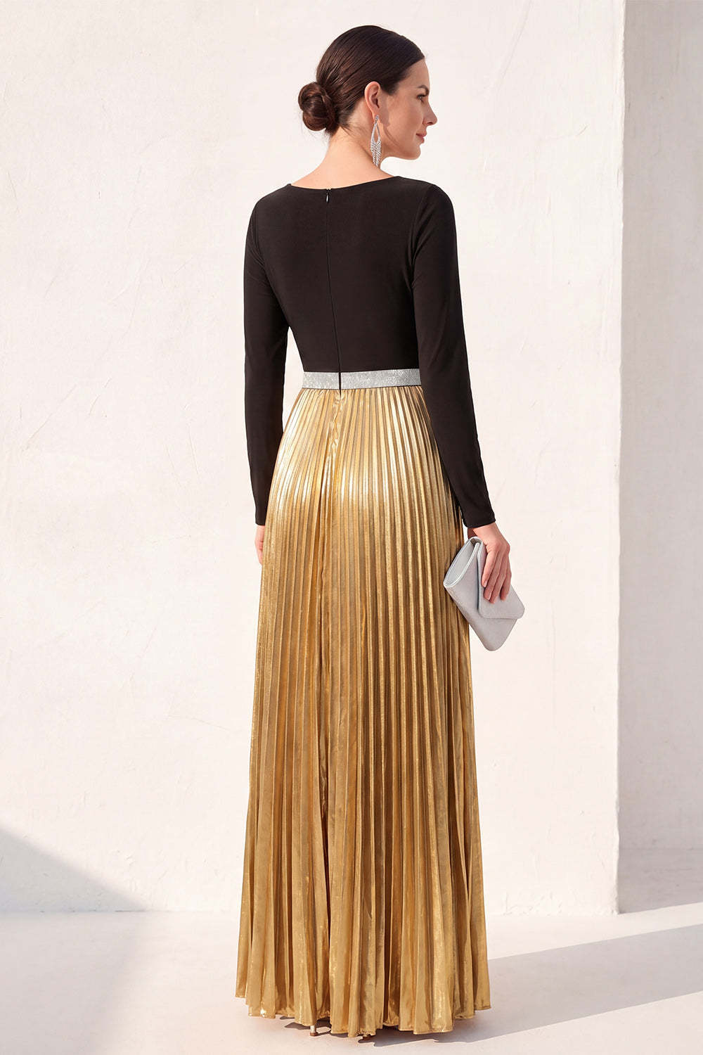 Black Golden Pleated A Line Long Formal Dress