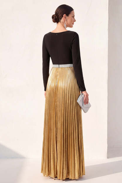 Black Golden Pleated A Line Long Formal Dress