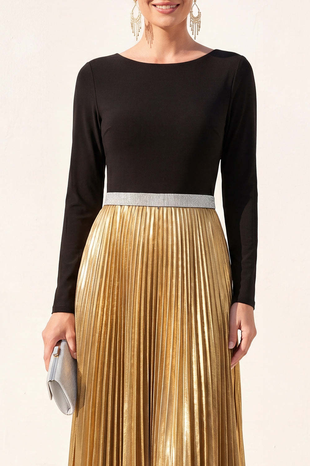 Black Golden Pleated A Line Long Formal Dress