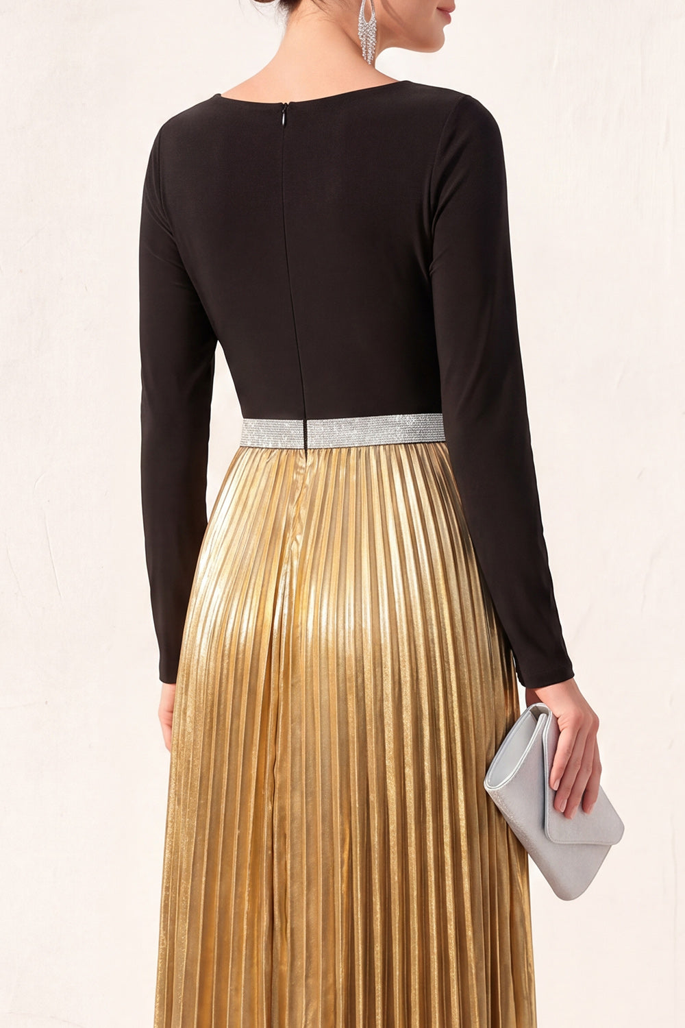 Black Golden Pleated A Line Long Formal Dress
