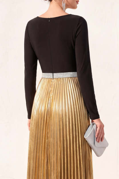 Black Golden Pleated A Line Long Formal Dress