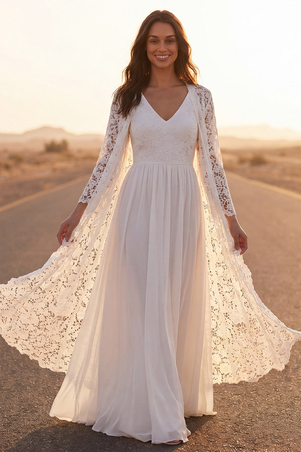 Leely Women White Lace Floral A Line Long Boho Wedding Dress Long Sleeves V Neck Bridal Dress
