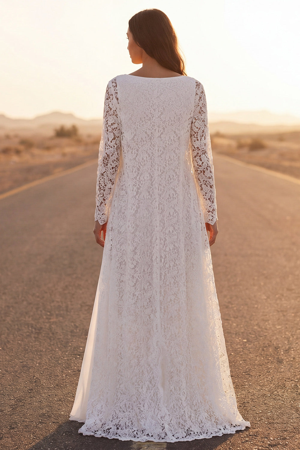 Lace White V Neck A Line Long Boho Wedding Dress