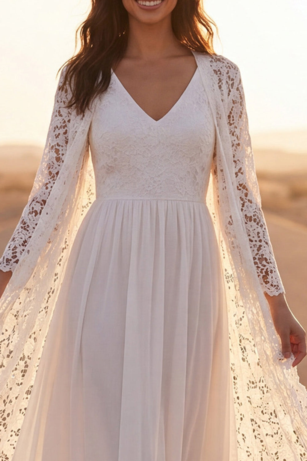 Lace White V Neck A Line Long Boho Wedding Dress