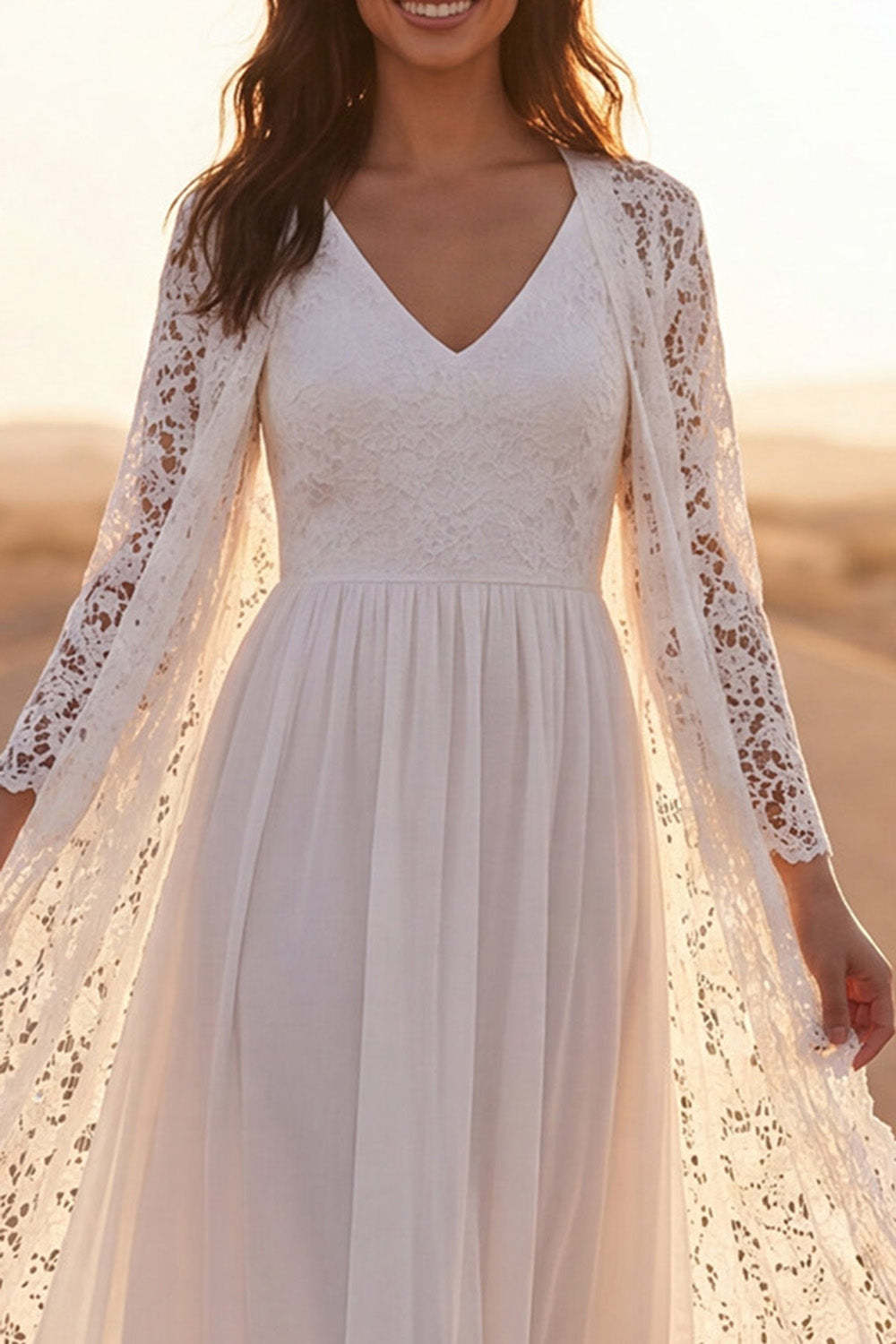 Lace White V Neck A Line Long Boho Wedding Dress