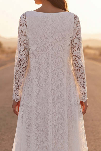 Lace White V Neck A Line Long Boho Wedding Dress