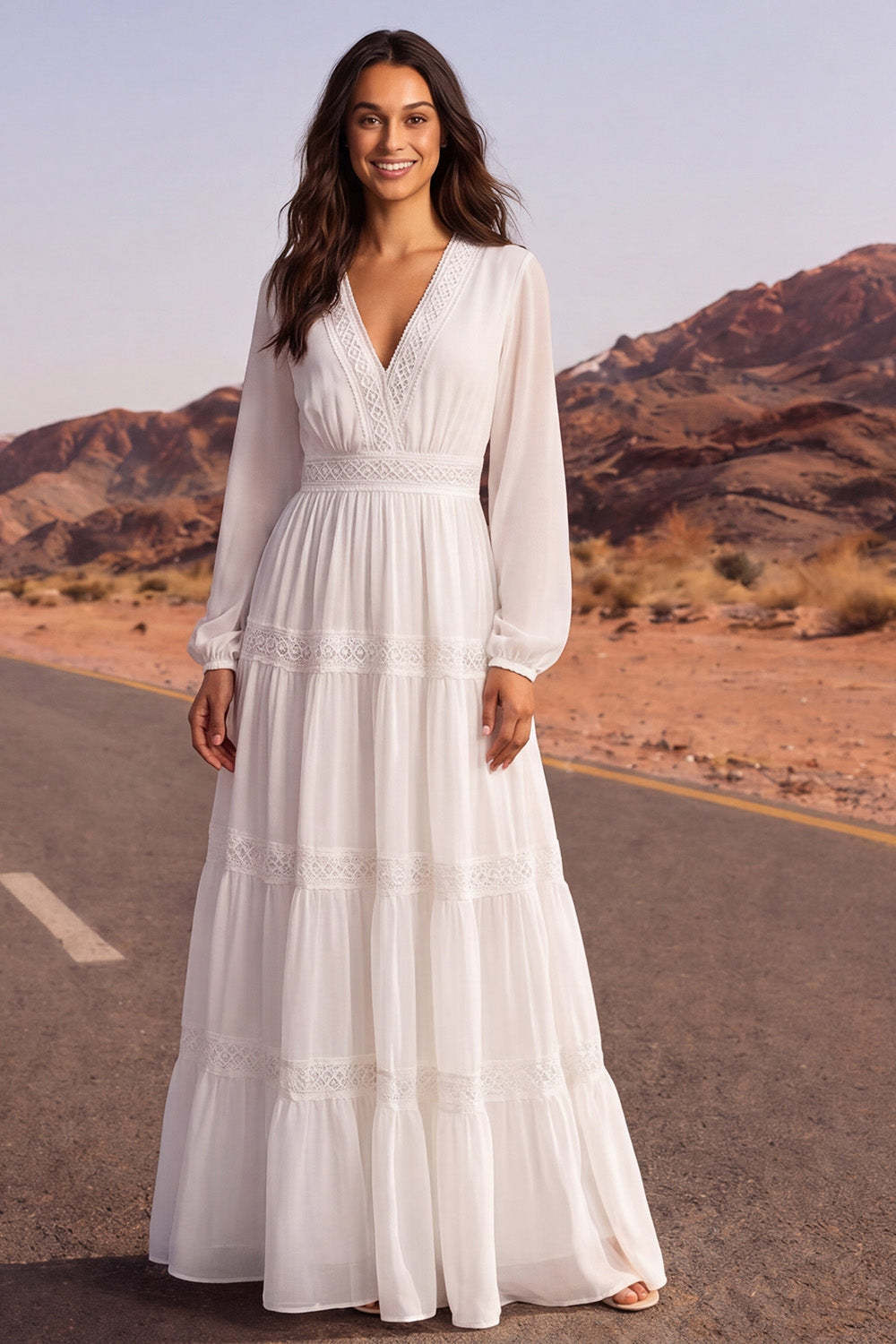 Leely Women White A Line Tiered Long Boho Wedding Dress Long Sleeves V Neck Bridal Dress