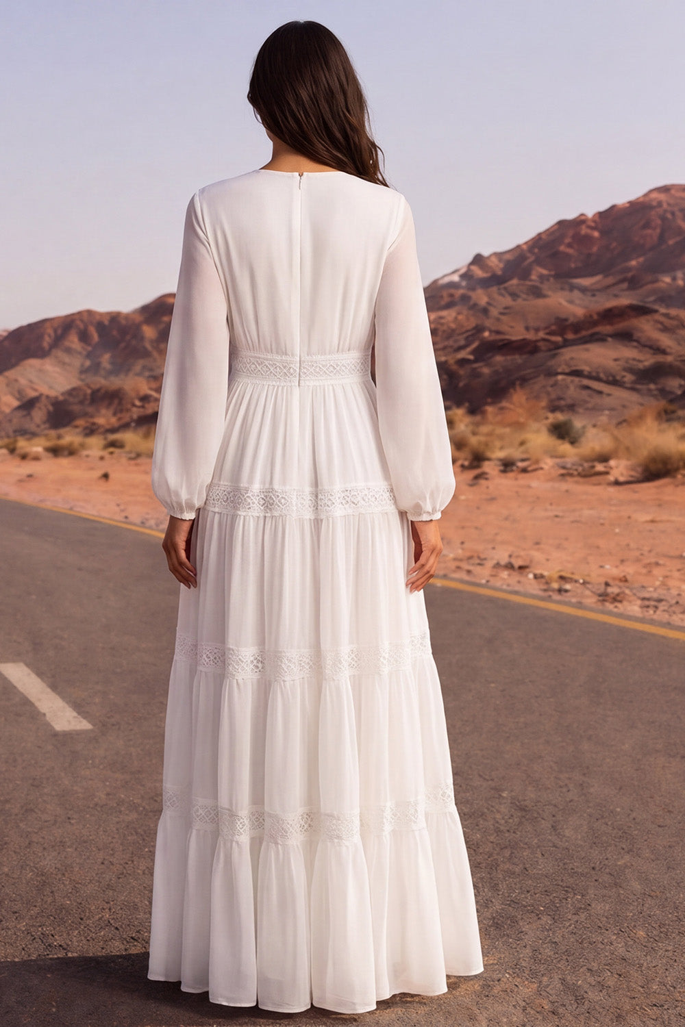 White A Line V Neck Tiered Long Boho Wedding Dress