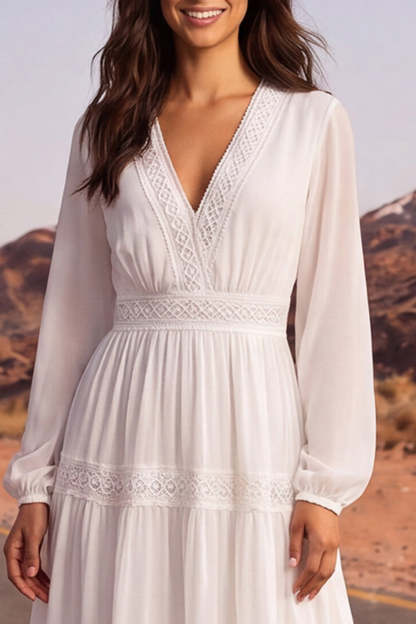 White A Line V Neck Tiered Long Boho Wedding Dress