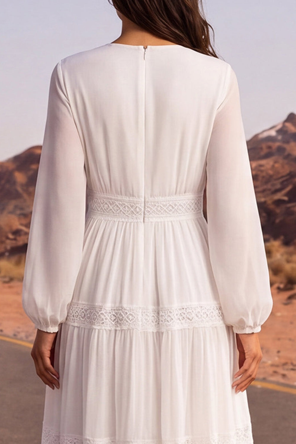 White A Line V Neck Tiered Long Boho Wedding Dress