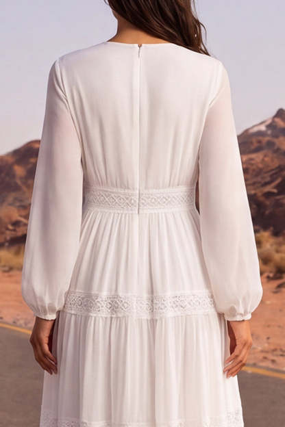 White A Line V Neck Tiered Long Boho Wedding Dress