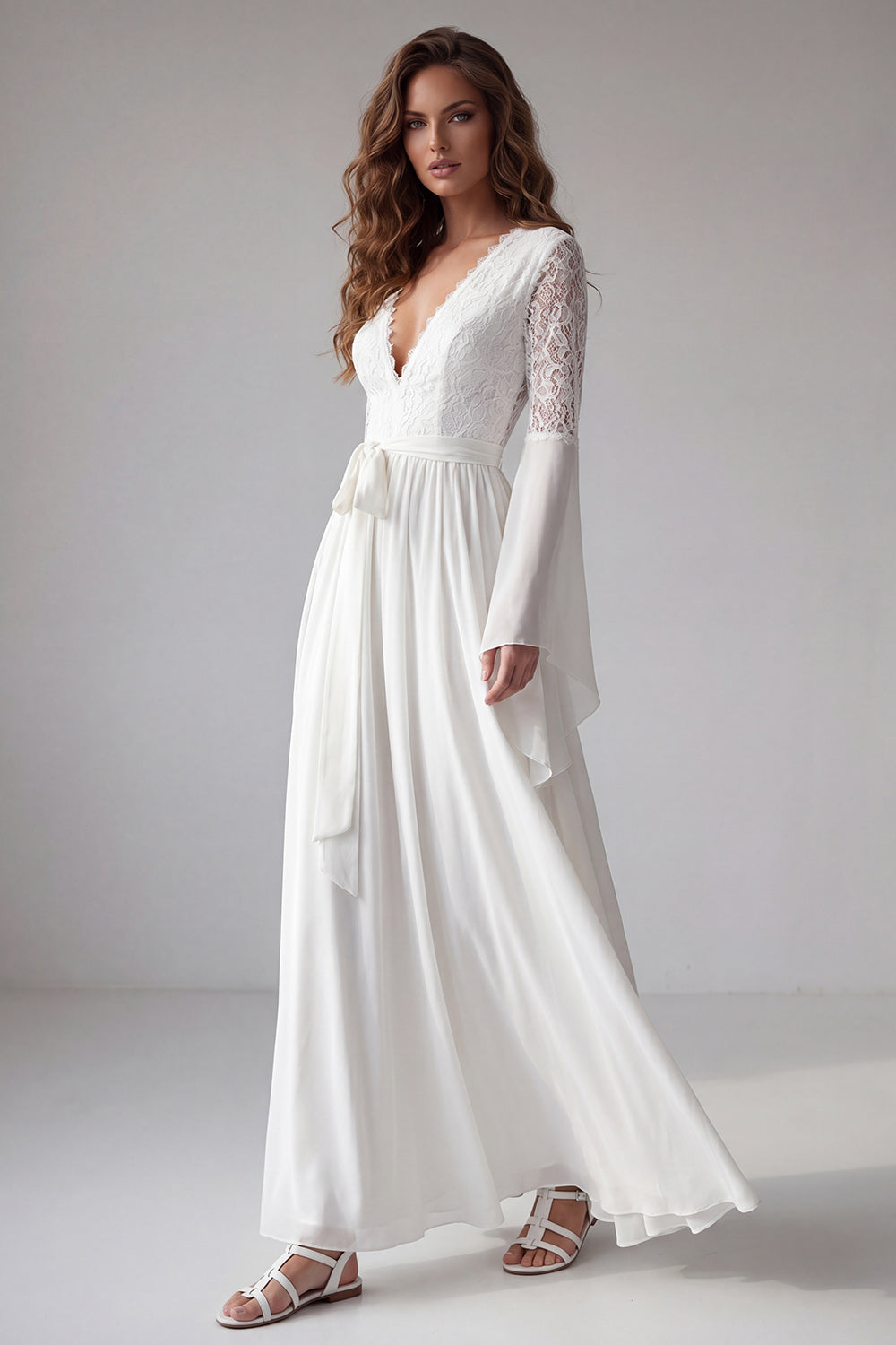 Leely Women White A Line Floral Long Engagement Dress with Lace V Neck Long Sleeveless Wedding Reception Dress