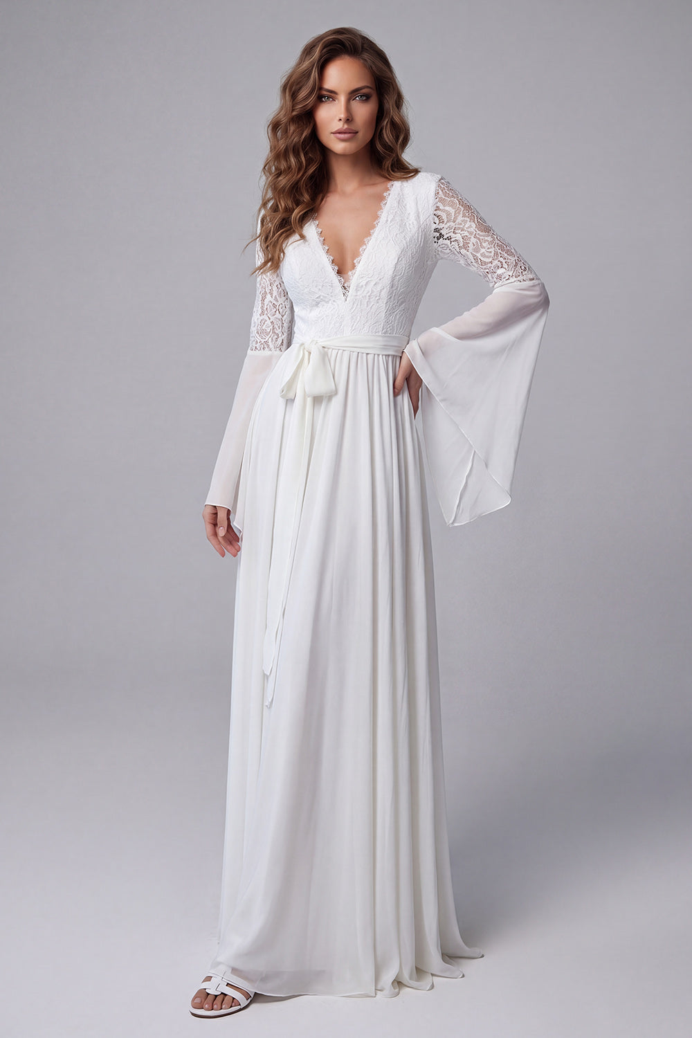 White A Line Floral Long Engagement Dress with Lace