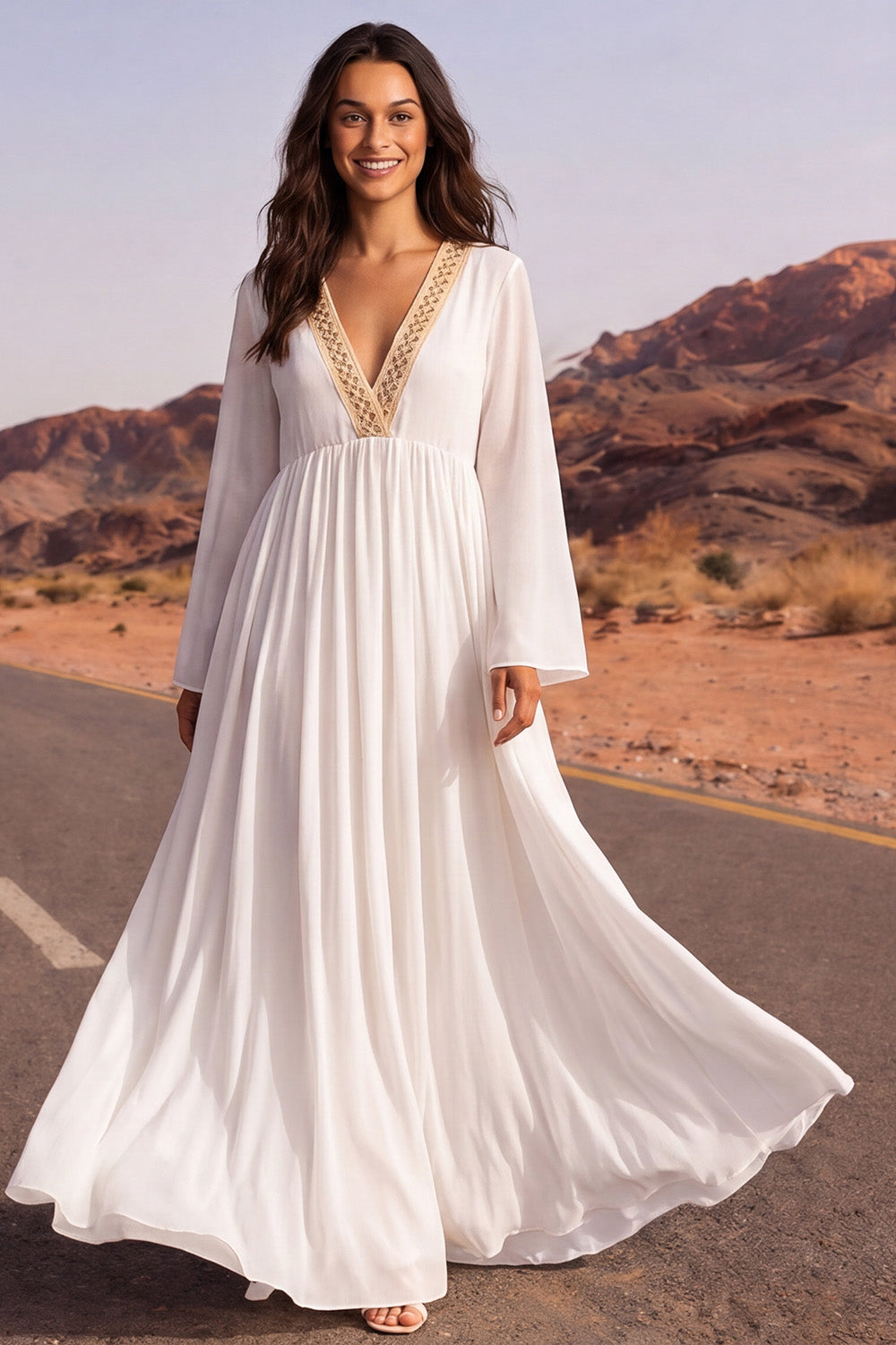 Leely Women Pleated White A Line Long Boho Wedding Dress Long Sleeves V Neck Bridal Dress