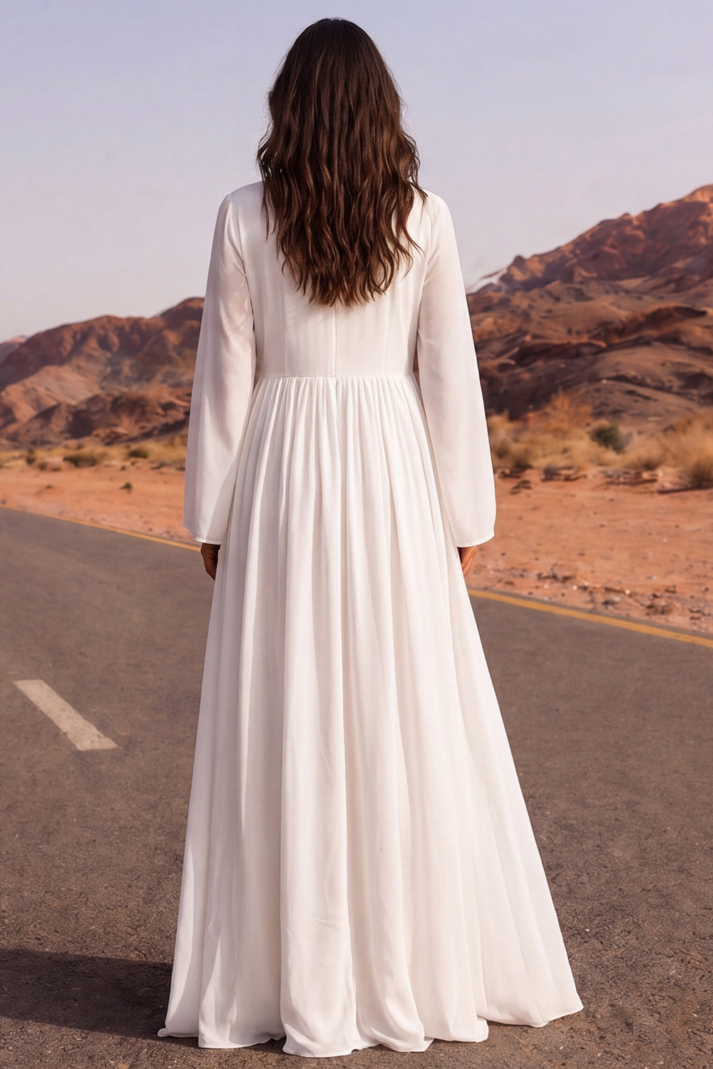 Pleated White A Line Long Boho Wedding Dress