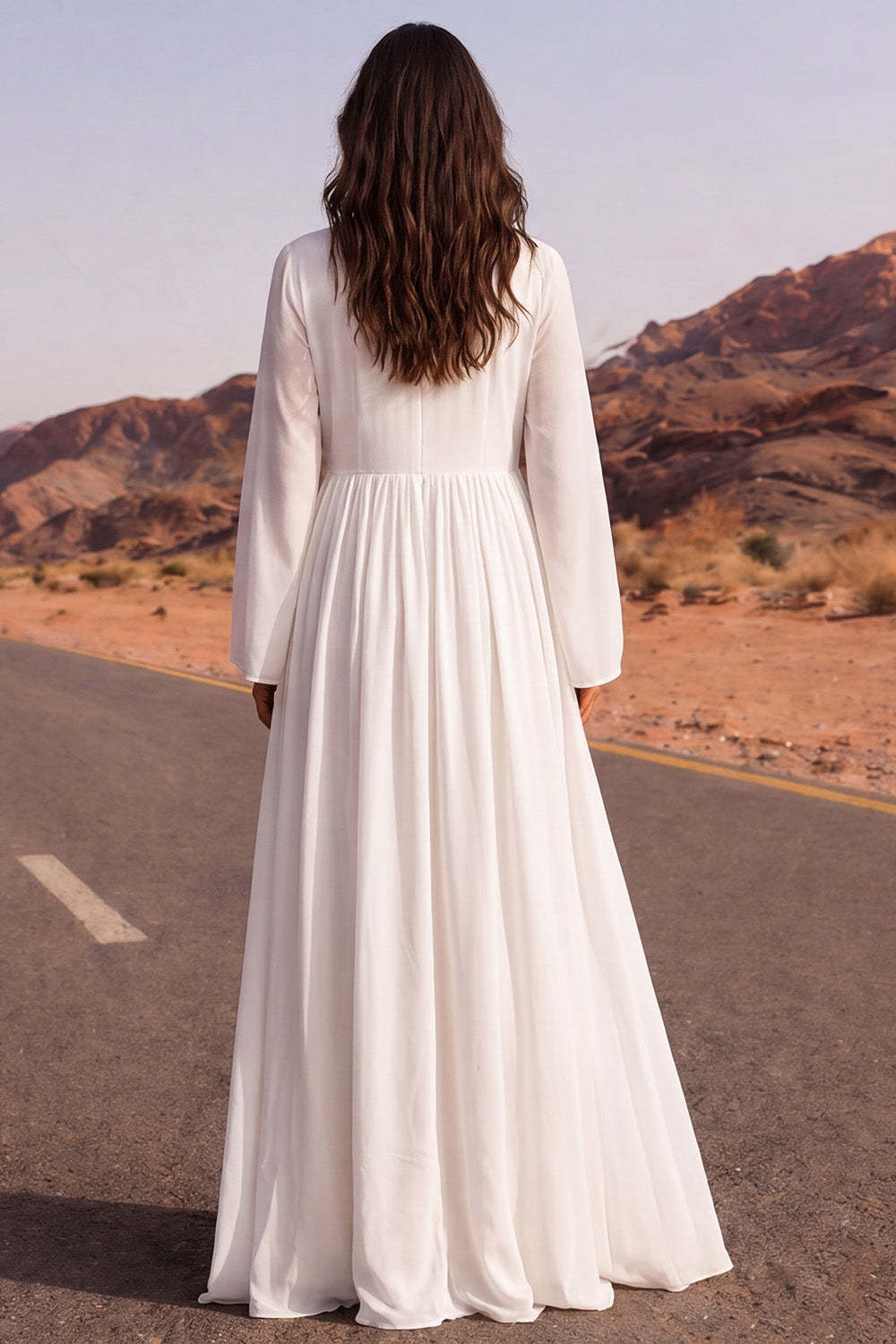 Pleated White A Line Long Boho Wedding Dress