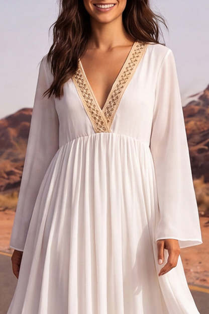 Pleated White A Line Long Boho Wedding Dress