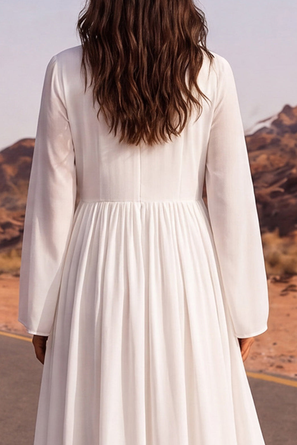 Pleated White A Line Long Boho Wedding Dress