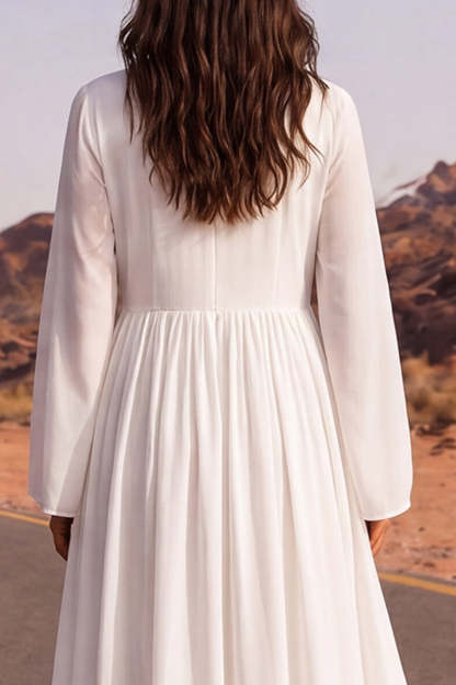 Pleated White A Line Long Boho Wedding Dress